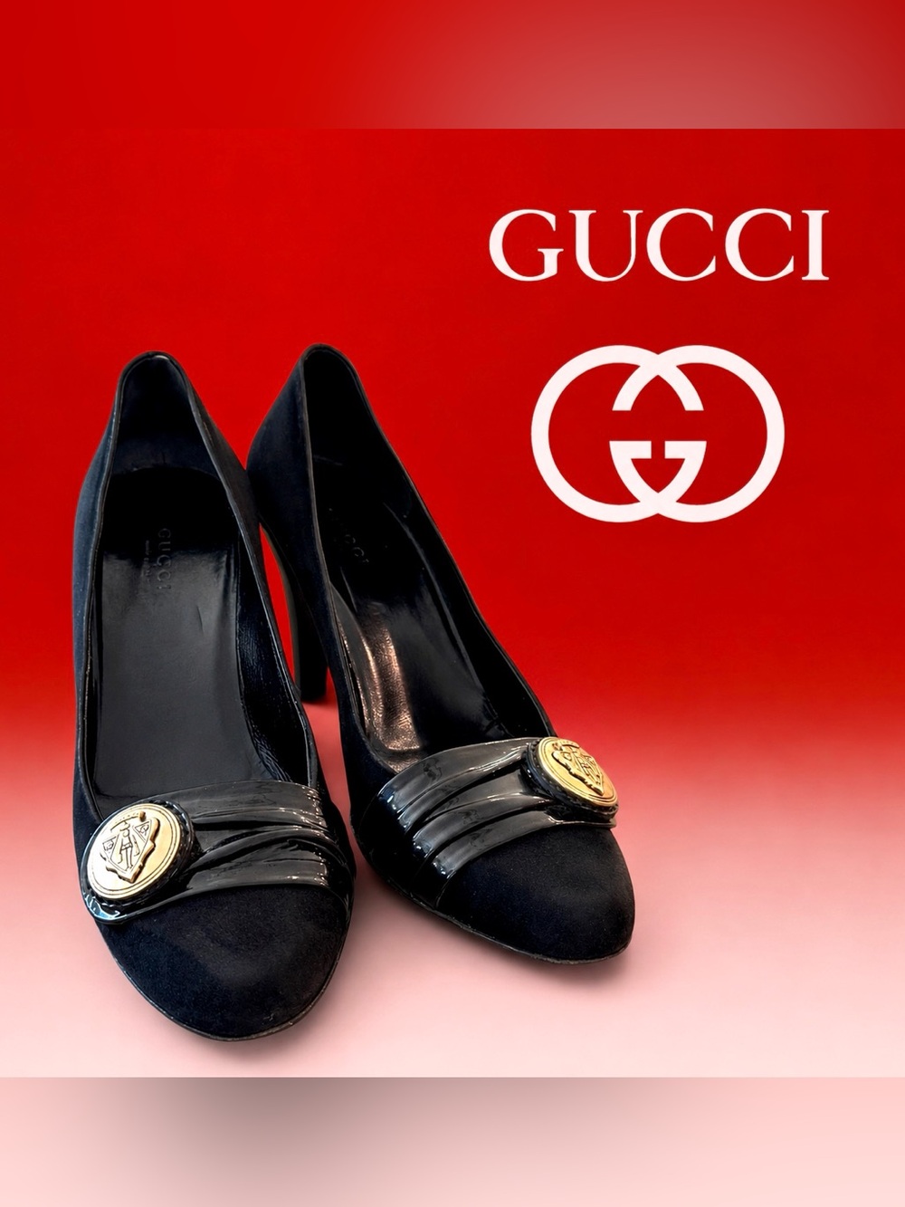 Authentic Vintage Gucci Hysteria pumps suede black size 8 gold medallion